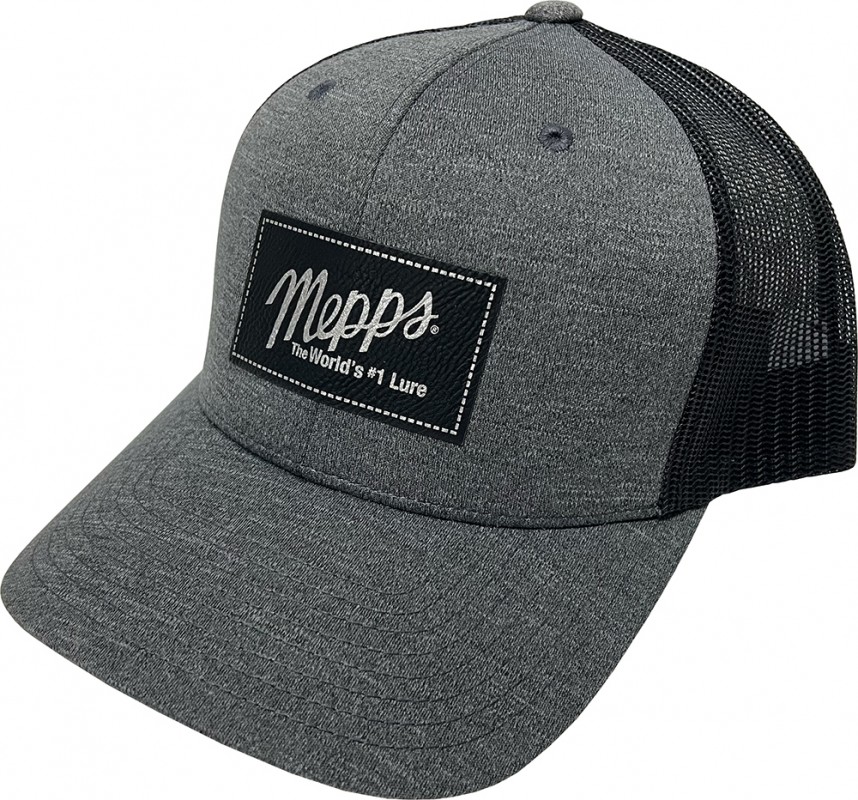 Heather Gray/Black Mepps Cap with a laser engraved patch - Order Today