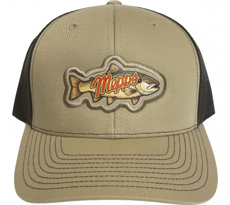 Khaki/Brown mesh cap with a patch featuring the Mepps logo and a brown ...